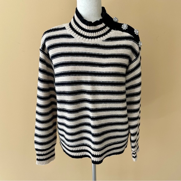 J.CREW Cable-knit mockneck pullover in stripe with jewel buttons BM301 - Picture 4 of 12